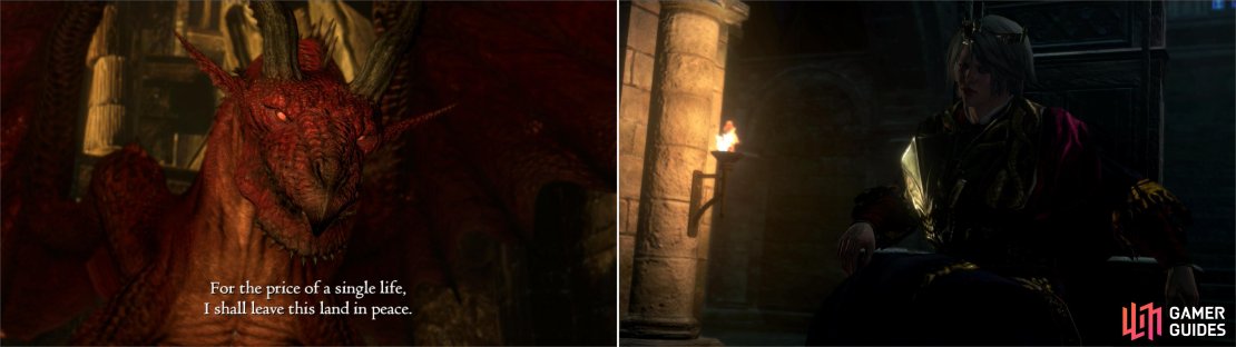 Accept the Dragon&rsquo;s offer (left) and you can follow in the Duke&rsquo;s footsteps as ruler of Gransys (right).