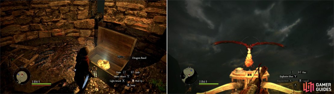 Don&rsquo;t neglect to pick up loot as you chase the Dragon, as there&rsquo;s plenty of fine gear to be found (left). Man a ballista and shoot the Dragon as it approaches (right).