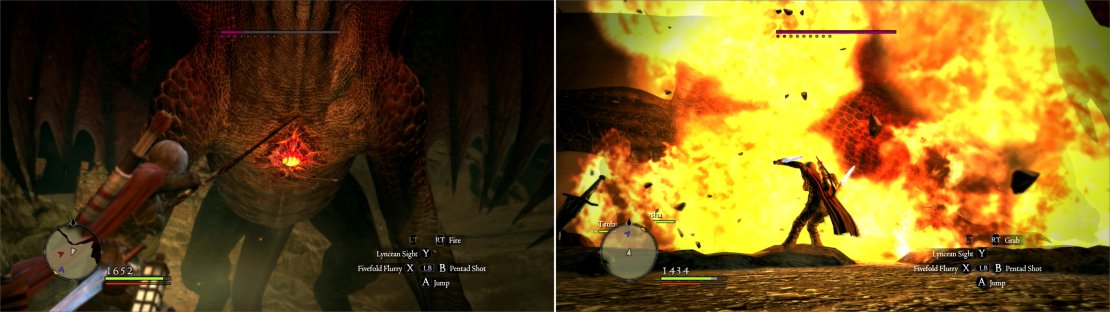 The Dragon&rsquo;s heart, of course, is its vulnerable spot (left). The Dragon has many ways to harm Arisens that challenge it, but fire is perhaps its most spectacular - and iconic - form of offense (right).