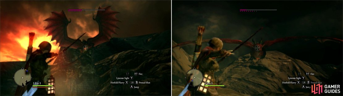Use ranged attacks - or a ballista if you don&rsquo;t have a ranged weapon - to drive the dragon from its perch (left), and to shoot it down when it attmpts more fly-by attacks (right).