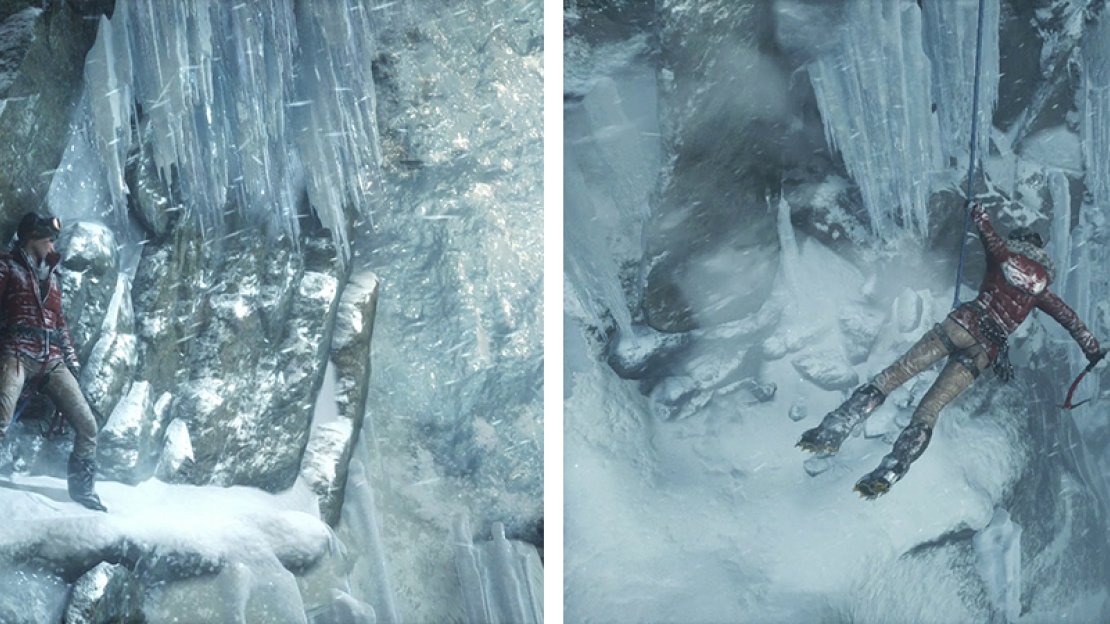 Shimmy along the narrow edge (left). Swing across to the far ice wall when you are hanging from the rope (right).