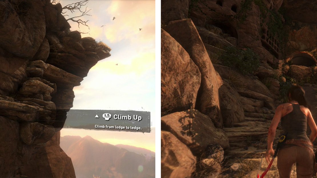 Climb the cliff (left) until you reach the entrance (right). Look on the ledge to the right for a Relic.