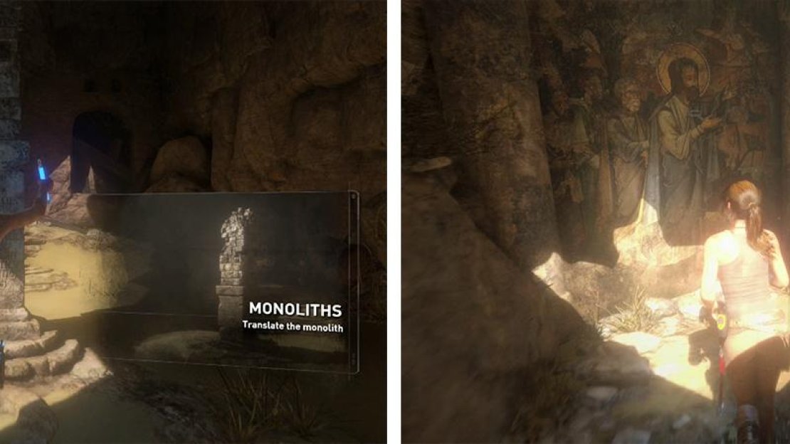 Once you have boosted your Greek proficiency decipher the Monolith (left). Grab the fourth Mural before smacking down the weak wall (right).