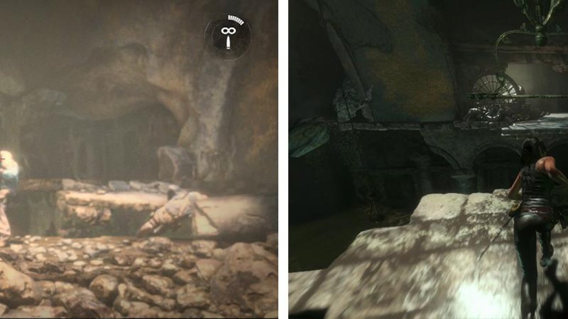 Shoot the bad guys once the scene ends (left) and then quickly traverse the room to the exit (right).
