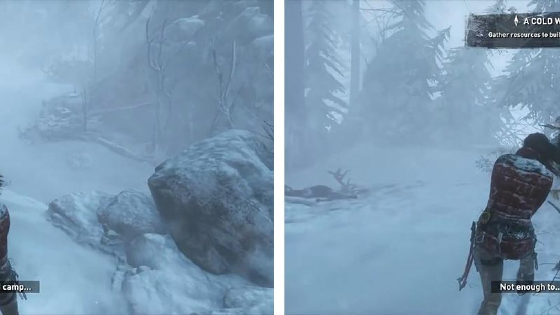 Approach the camp fire (left) and you’ll be prompted to gather resources (right).