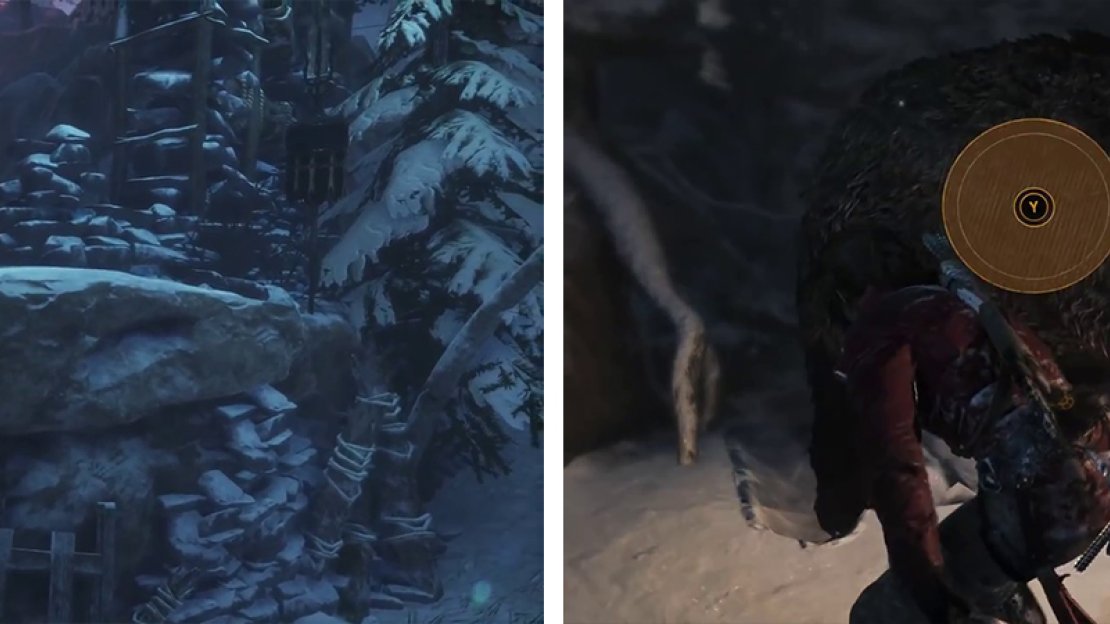 Climb up to the upper ledge by the camp (left). After encountering the bear run away until you fight it - press the button prompt to end the fight (right).