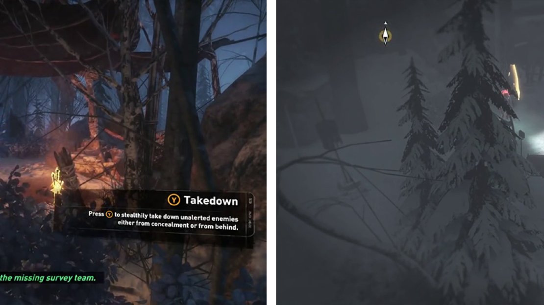 Hide in the bushes to takedown enemies (left). Use the bushes and tree branches to observe enemy patterns (right).