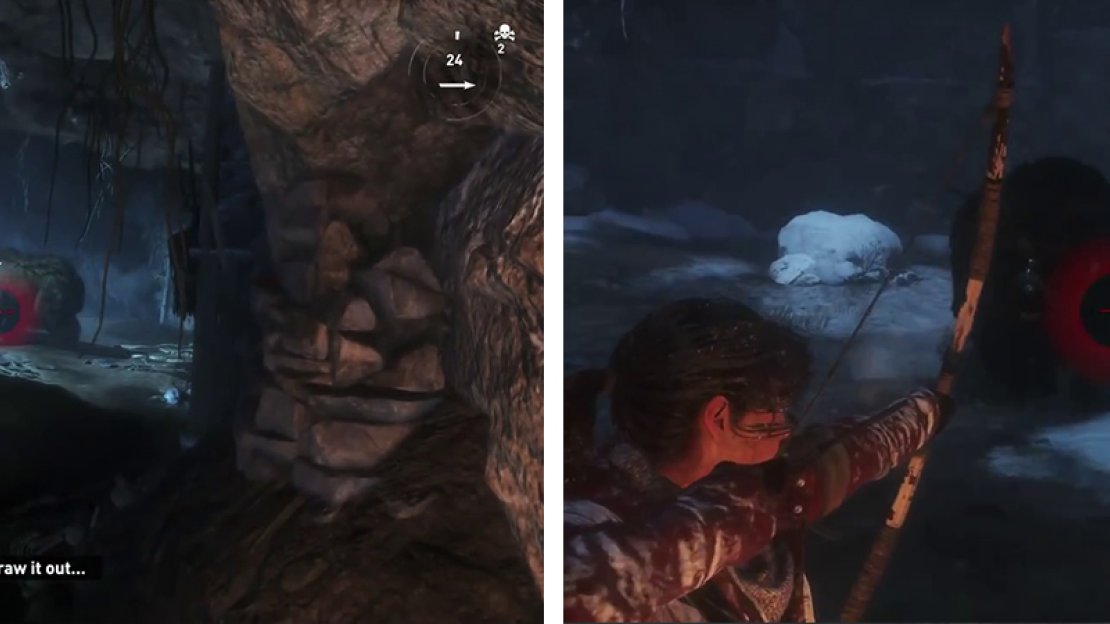 Enter the cave and use Poison Arrows on the bear (left). Draw it out of the cave to fight in the clearing (right).