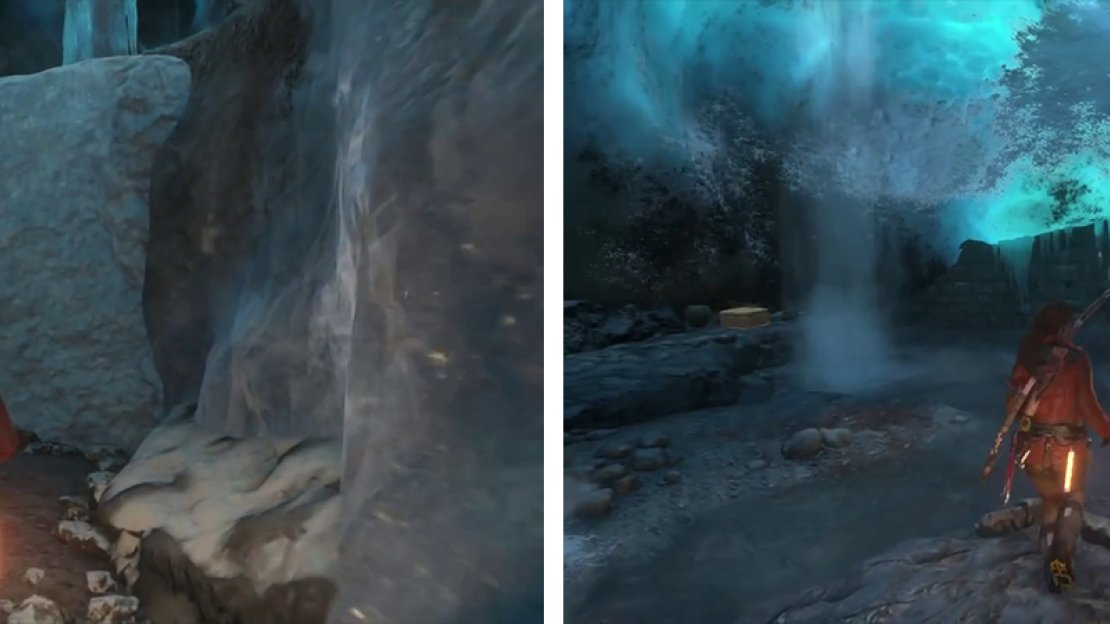 After sliding down the slope, look to the right for a ledge with Document 01 (left). Before entering the water, look to the left for a Relic (right).