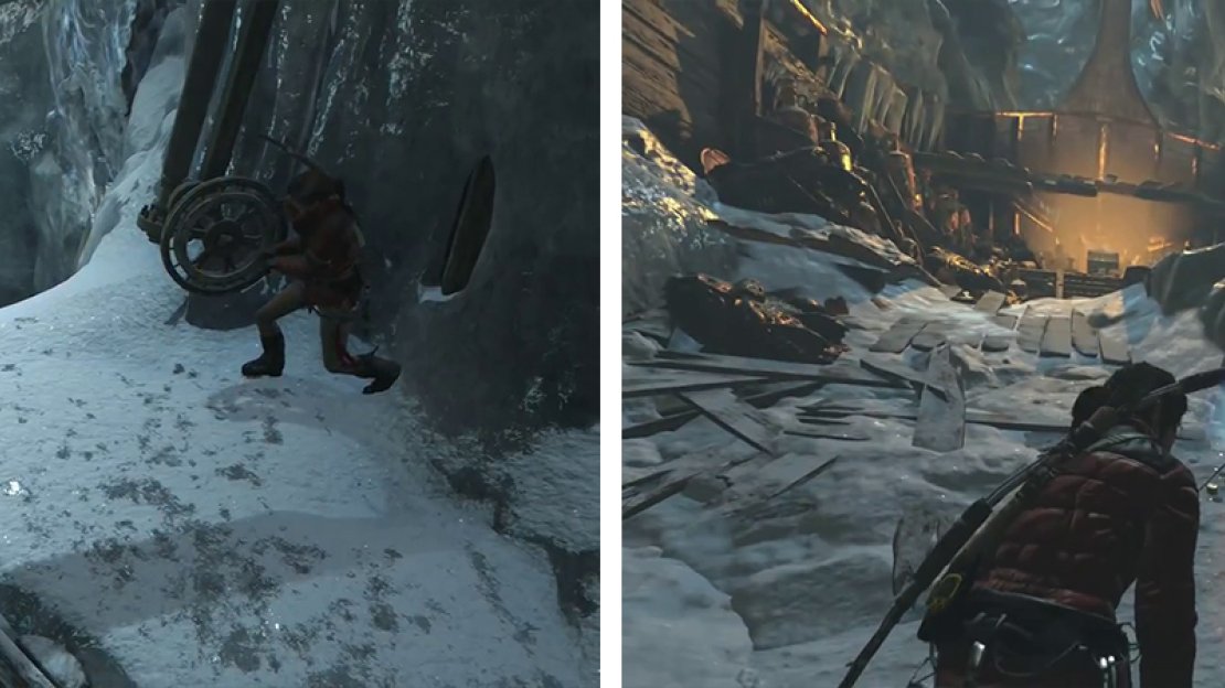 Use the wheel to lower the bucket (left) before using it to break another section of ice. Afterwards climb to the top of the ship and grab the Codex (right).