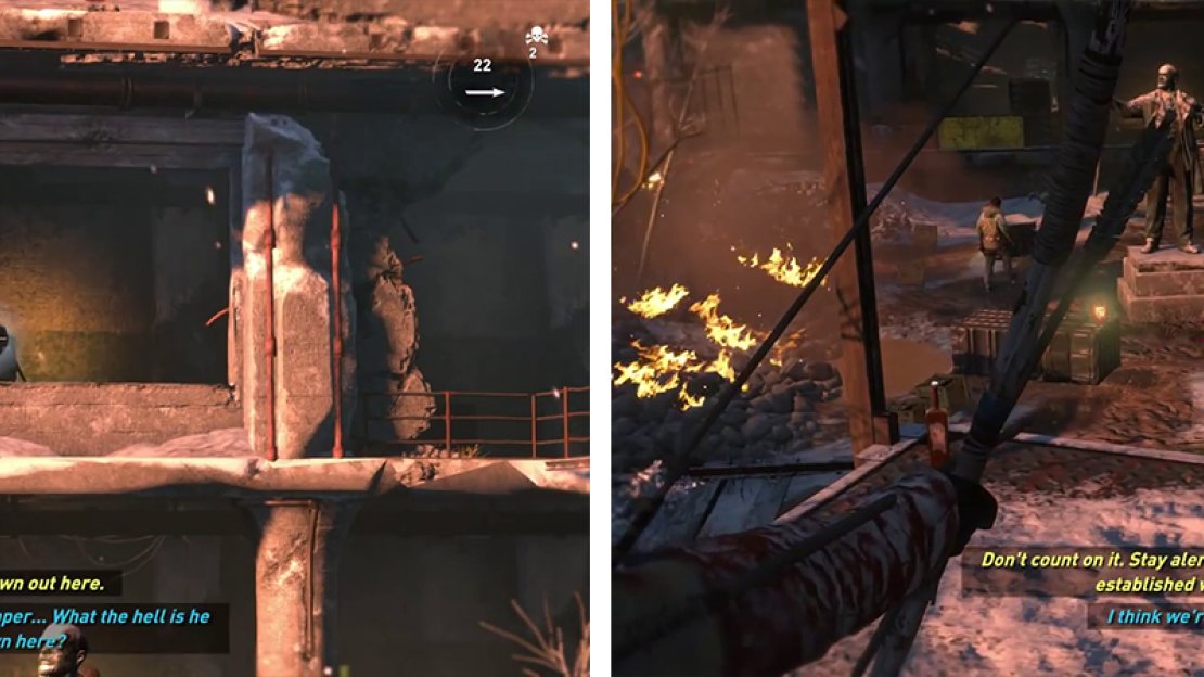 Try to pick off the enemy on the balcony first (left) before dealing with the enemies in the courtyard (right).
