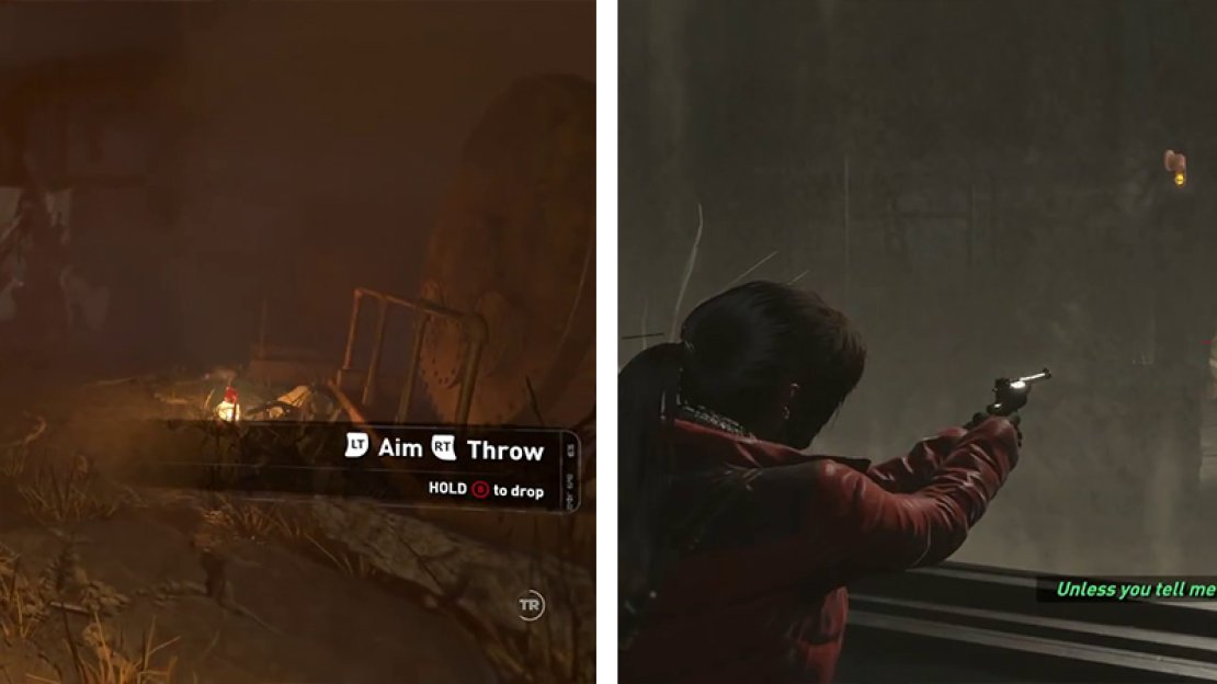 Use a lantern to destroy the canvas blockage (left). In the next room, Lara will grab a gun, use this to shoot the enemies through the glass (right).