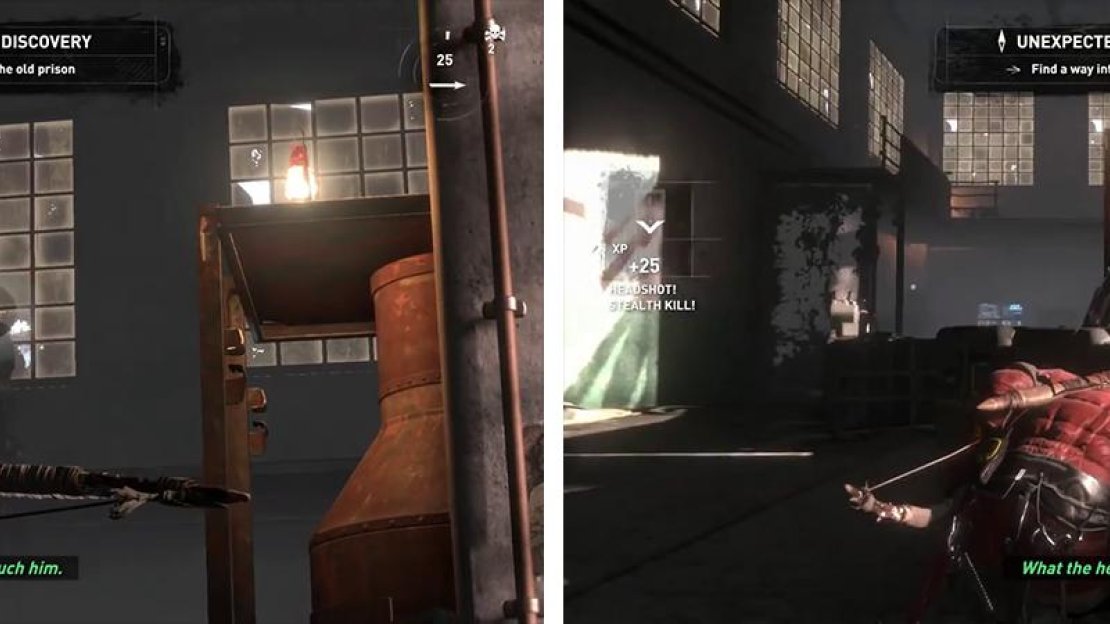 Take out the lookout on the balcony first (left) before focusing on the other enemies (right).