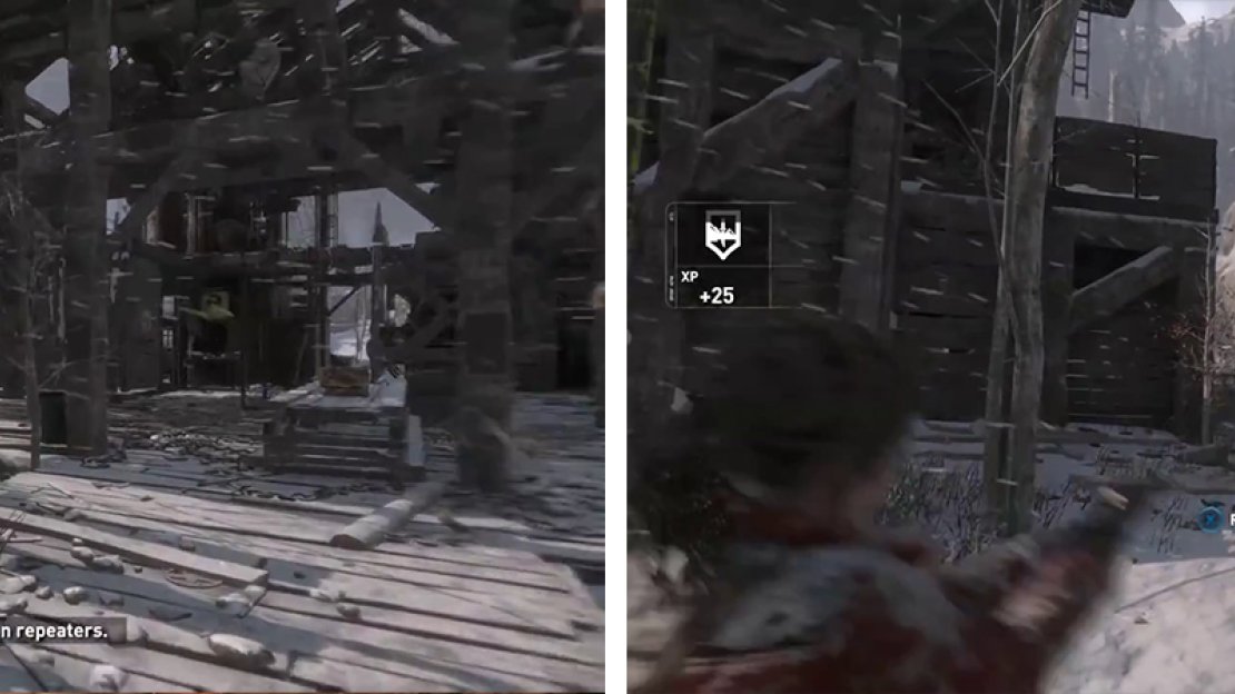 The first repeater is at the saw mill (left). Watch out for the pack of wolves roaming nearby (right).