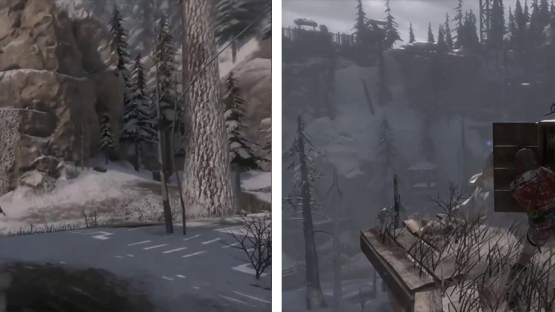 Climb the rocky structure to the east of the saw mill (left) and at the top you’ll find Repeater 03 (right).