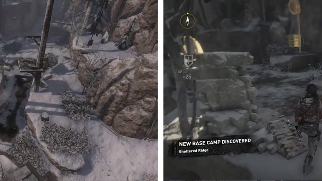 You’ll see Repeater 04 on a ledge to the right as you zipline down from Repeater 02 (left). Repeater 05 can be found by a Base Camp (right).