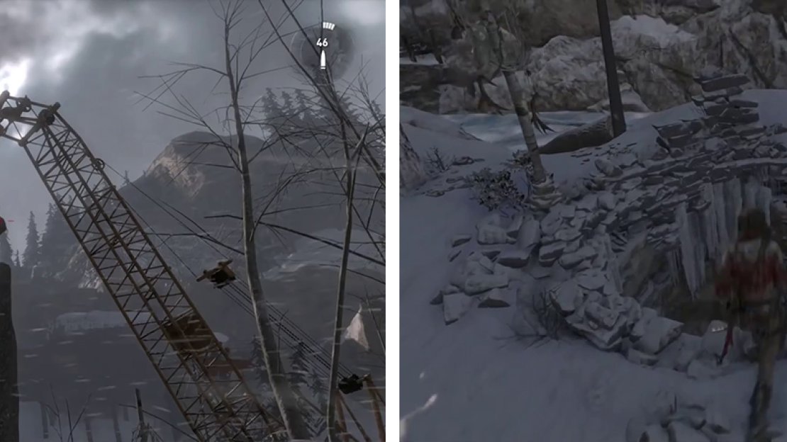 Shoot the log hanging from the crane (left) to open a new area to explore (right) containing the Challenge Tomb.