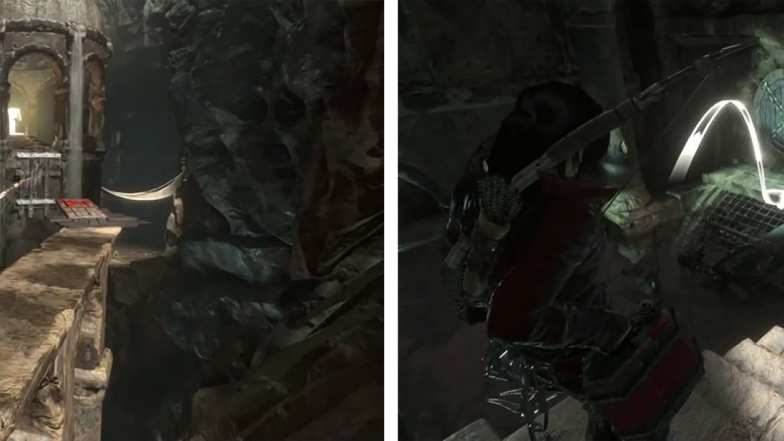Jump into the water below (left) and swim for the opening past the waterwheel. Inside use the gas can to destroy the wooden panel (right).