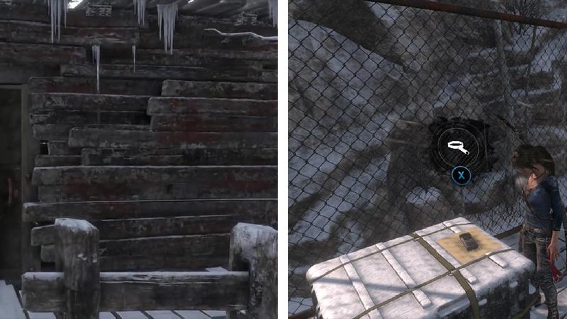 Enter the supply shack (left) to find the Byzantine Coin vendor. Upon exiting the far side loot Document 10 (right) before ziplining down into the prison.