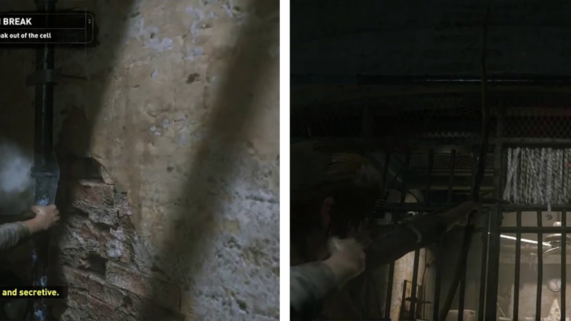 Use the pipe (left) to break down the wall. Grab the Bow inside and use the Rope Arrows to pull down the blockage (right).