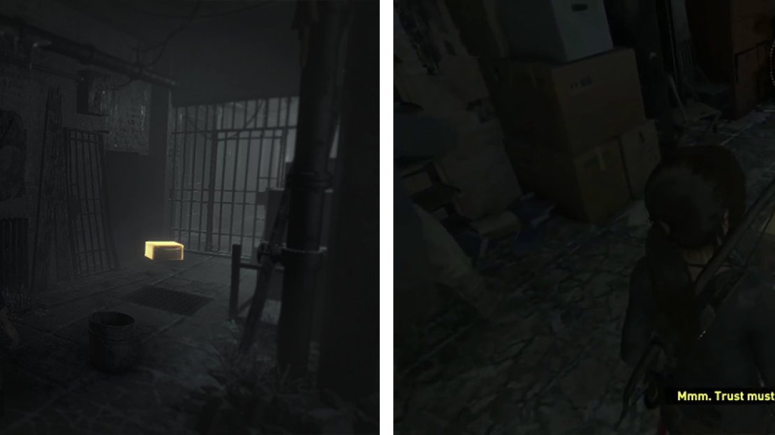 before leaving the cell area, look for Relic 06 to the right of the doorway (left). In the room with the projector you’ll find Document 12 (right).