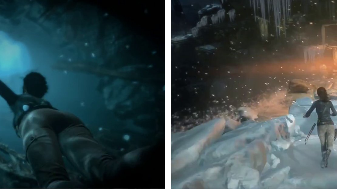 Swim to the crack in the ice (left) and then run along the set path (right) until you escape the helicopter.