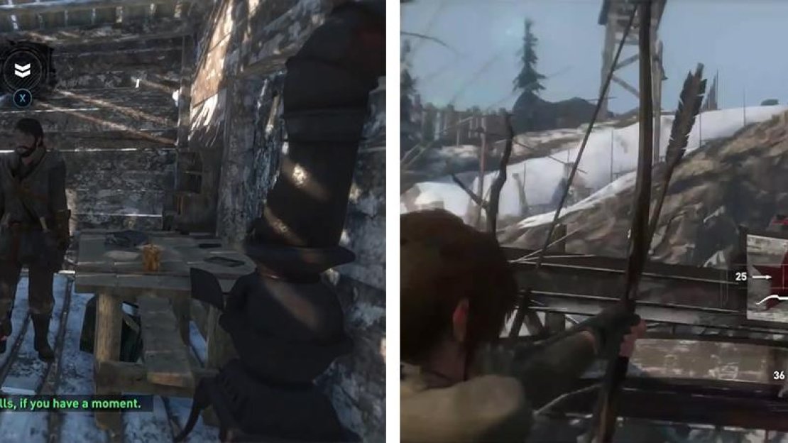 Accept the mission from the ‘Logging Camp’ Base Camp (left). You’ll find the target bird atop the gate here (right).