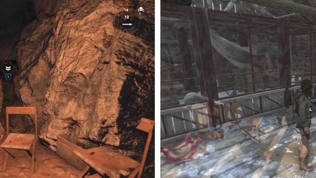 Speak with the fellows in the cave to start the mission (left). The Troop Movement Plans can be found in the building here (right).