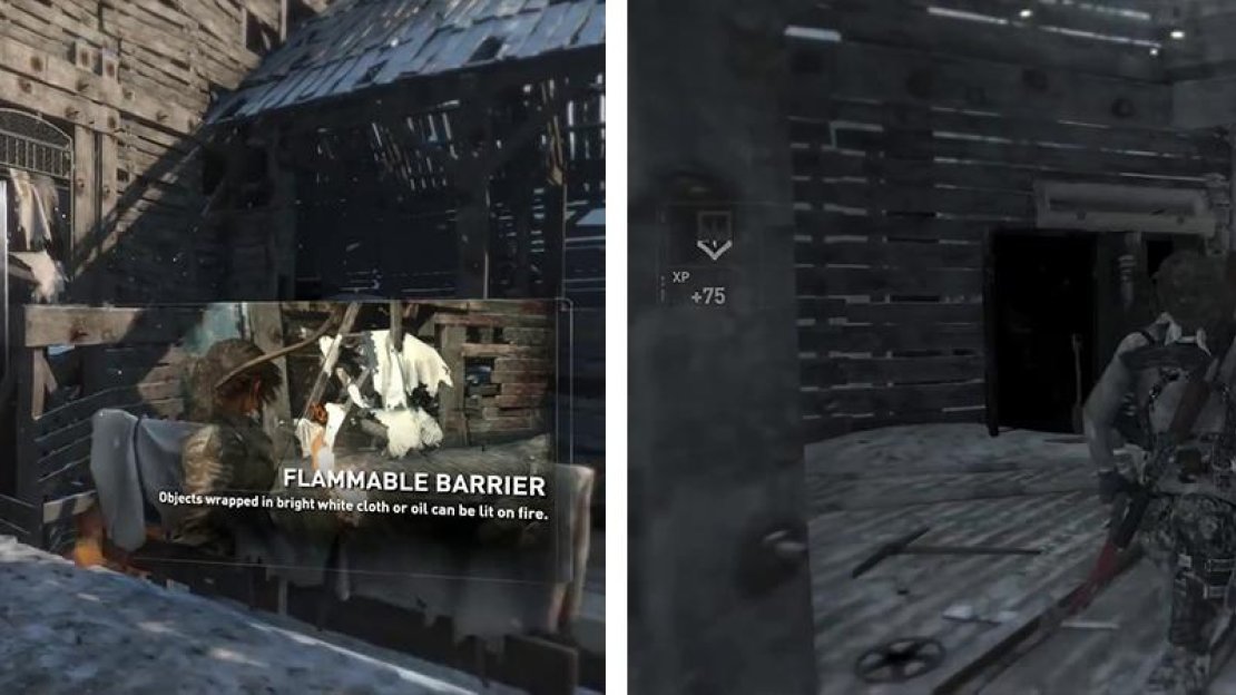 Use a Molotov to destroy the blockage for Relic 13 and a poster (left). Cross the gap to the ledge beside this and drop down to find a Challenge Tomb entrance (right).