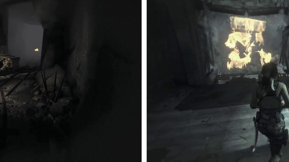 Follow the track to the left at the fork (left). When you reach the office area, loot Relic 14 from the desk and craft a Molotov to destroy the blockage (right).