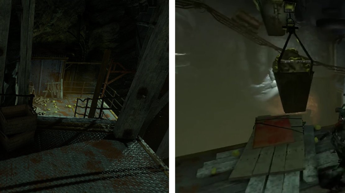 Grab Relic 15 from the container near the top of the stairs (left) and hop across to the container full of stones (right).