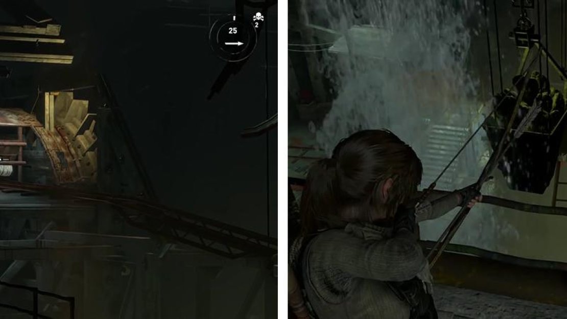 Shoot the attachment point at the far end of the room with a Rope Arrow (left) to dislodge a minecart. Shoot the minecart from above to attach it to the wall (right).