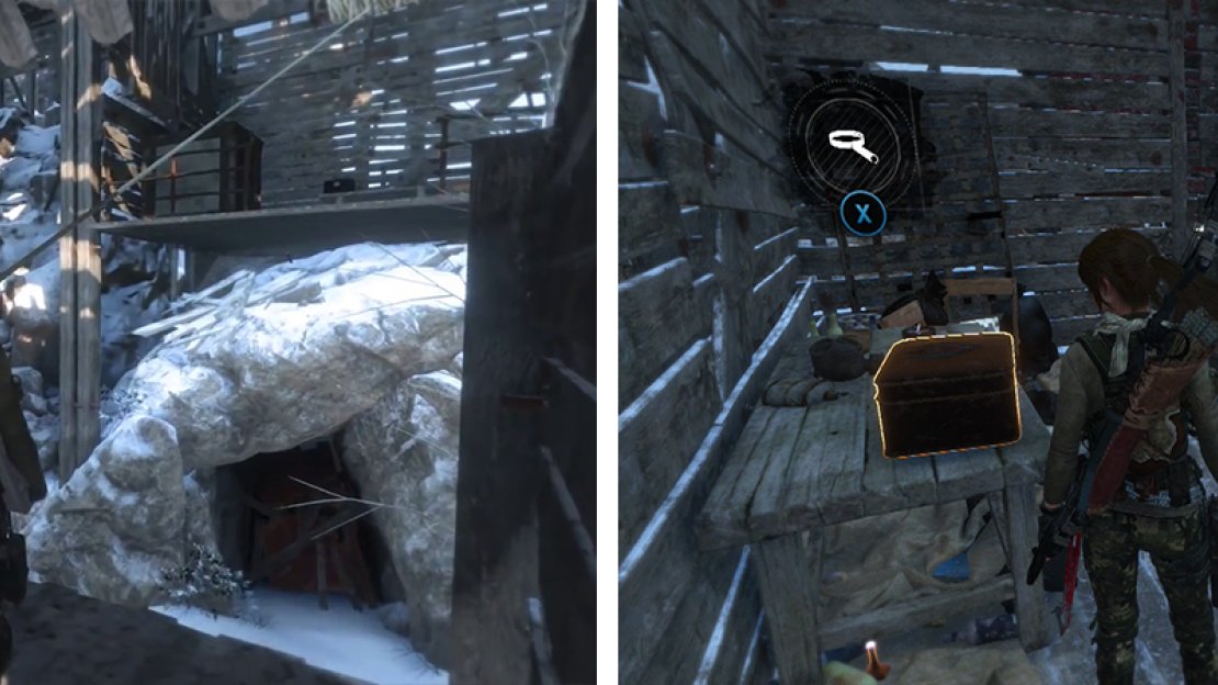 From the lower building use Rope Arrows to create a passage back to the upper building (left). You’ll find Relic 17 in the lower room here (right).