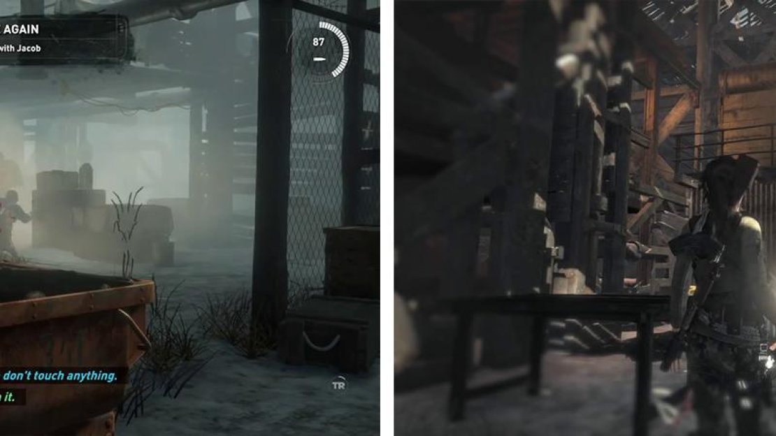 There are three enmies in the first room (left) - hit them with a Molotov or Grenade! Before continuing, hit the Poster above with a Molotov (right).