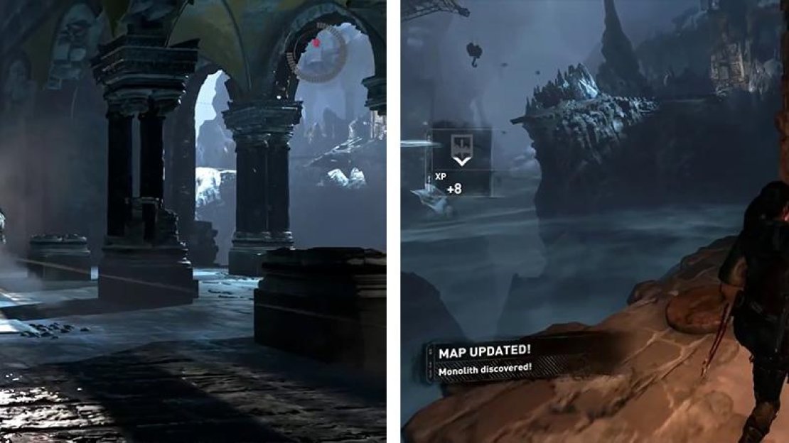 After dealing with the ambush (left), exit onto one of the balconies to find the region’s Monoloth (right).