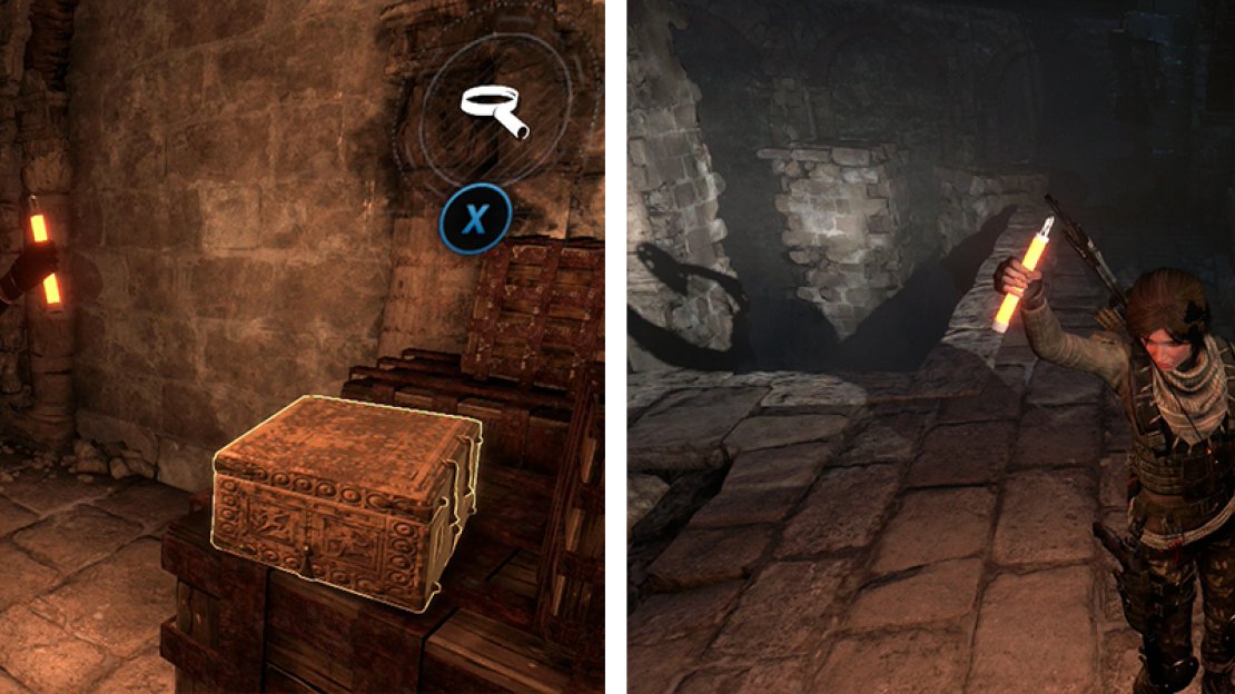 After climbin the ice wall, look to the left in the next room for Relic 01 (left). Cross the spike pit and look in the corner for Coin Cache 02 (right).