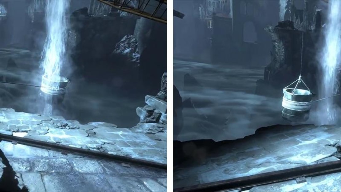 Move the minecart into position (left) before attaching it to the hanging bucket with a Rope Arrow and winding it in until it is beneath the waterfall (right).