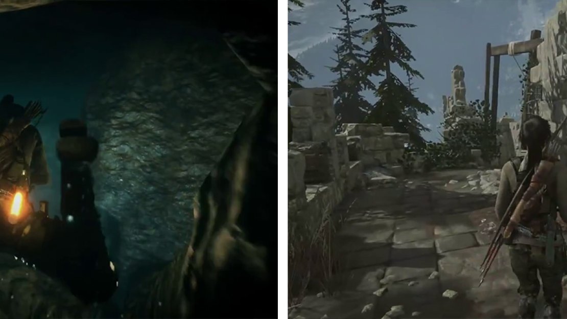 Swim through the underwater tunnels (left) being sure to surface for air when able. Upon exiting the mines, follow the set path through the ruins (right).