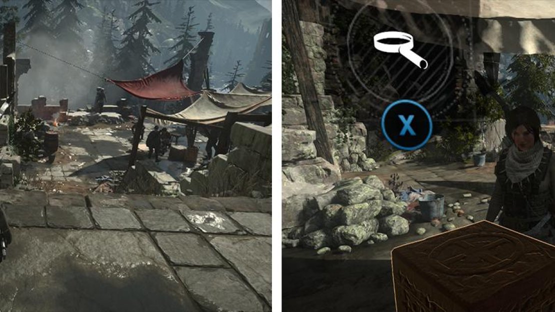 When you reach the Geothermal Valley grab the Strongbox (left). Beneath the white tent you’ll find Relic 01 (right).