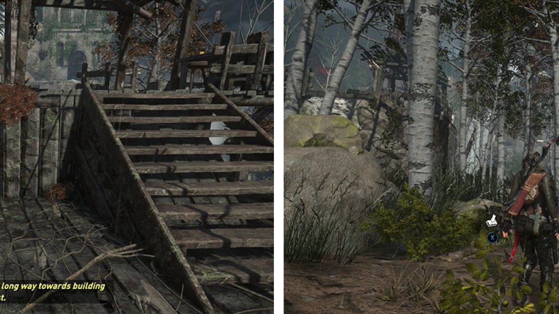 After entering the valley, climb the structure ahead for Strongbox 03 (left). Look for Survival Cache 06 on the riverbank nearby (right).