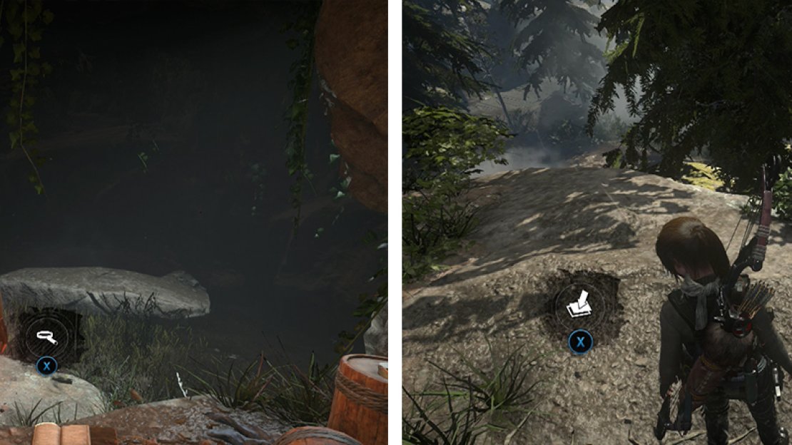 Inside the southern cave you’ll find Document 09 (left). At the top of the scalable wall nearby there is Survival Cache 07 (right).