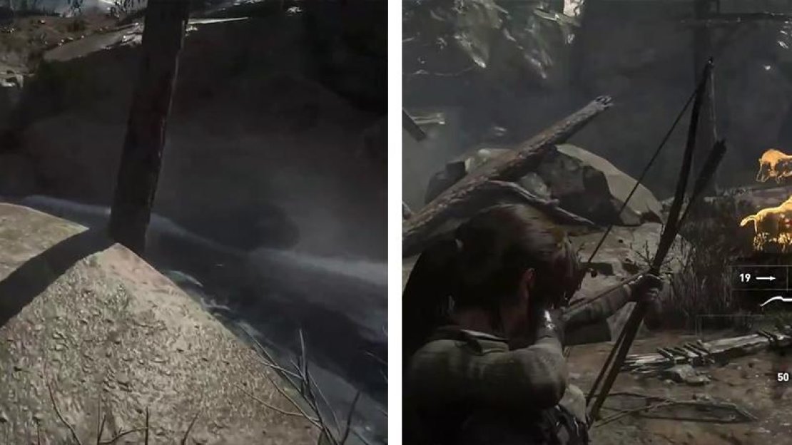After accepting the side-mission cross the river (left) to find the Boars (right).