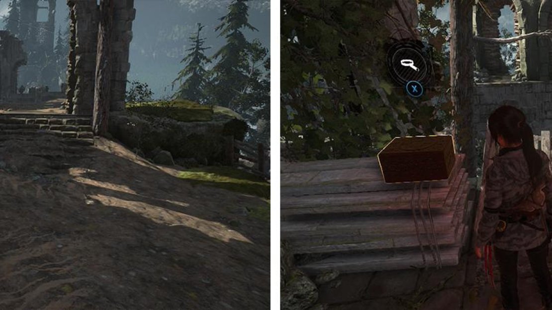 Between the sets of curved stairs you’ll find Survival Cache 10 (left). At the top of the large ruin is Relic 05 (right).