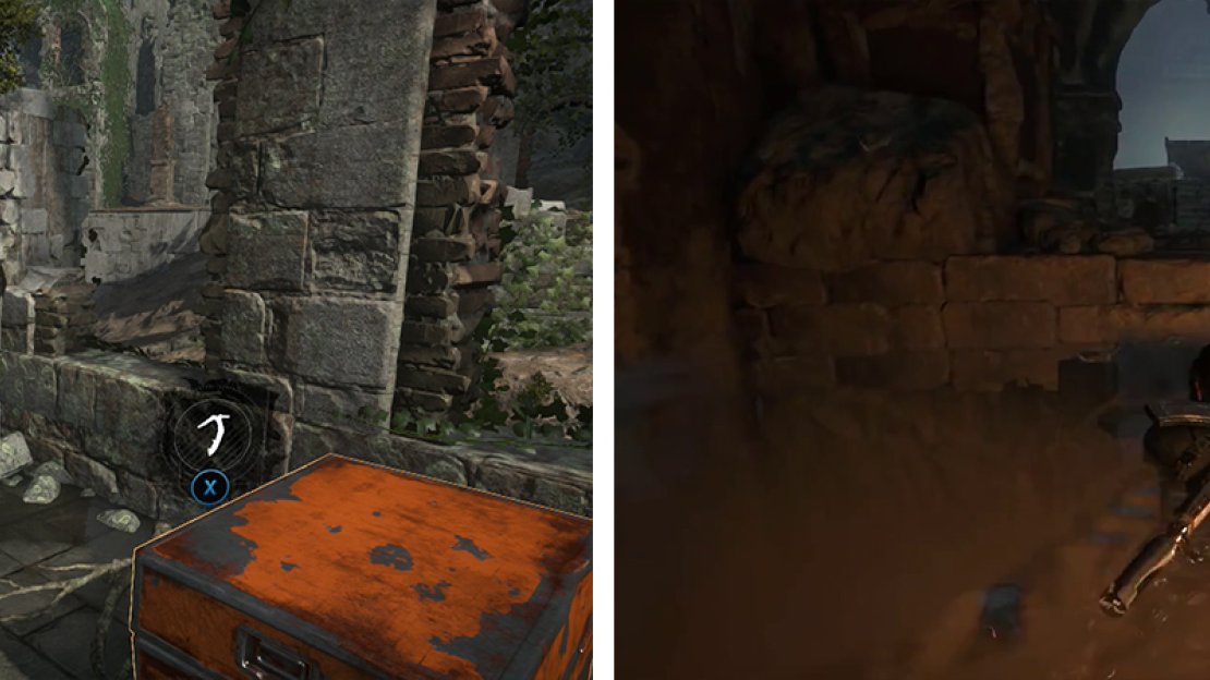 Find Strongbox 04 north of the ruins (left) and continue into the first Crypt at the end of which you’ll find Crypt Treasure 01 (right).