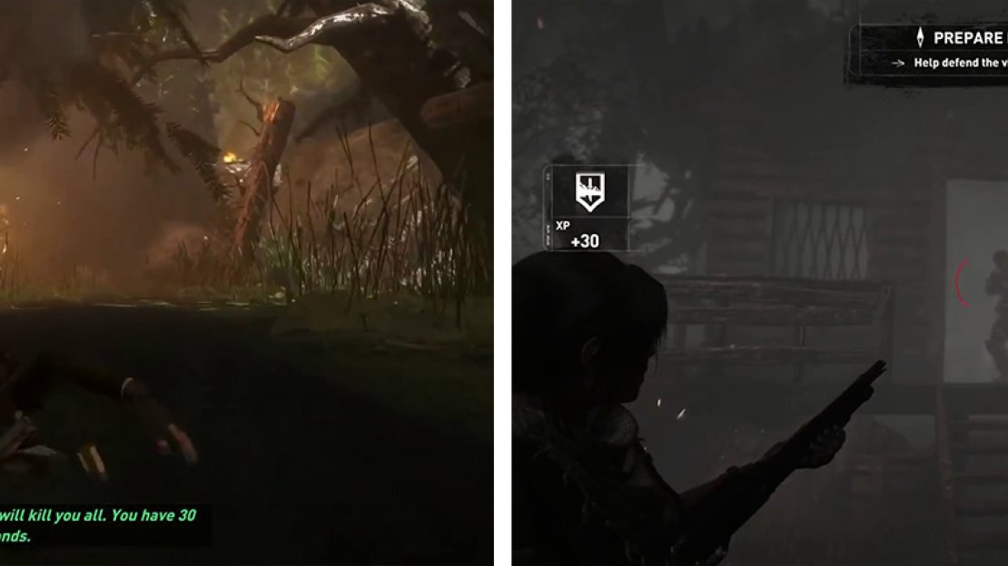 Work your way through the burning ruins (left) before fighting the enemies that appear as you enter the village (right).