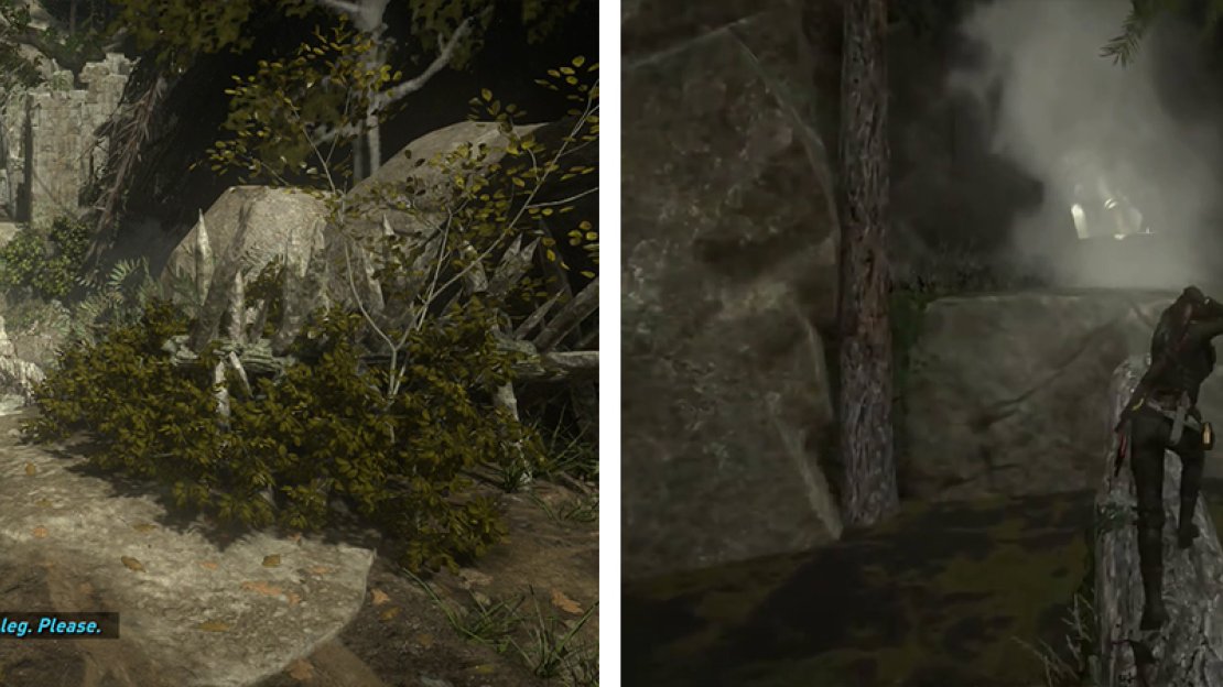 Grab Strongbox 05 (left) before dropping into the water below. Swim to the left to find the entrance to a Challenge Tomb (right).