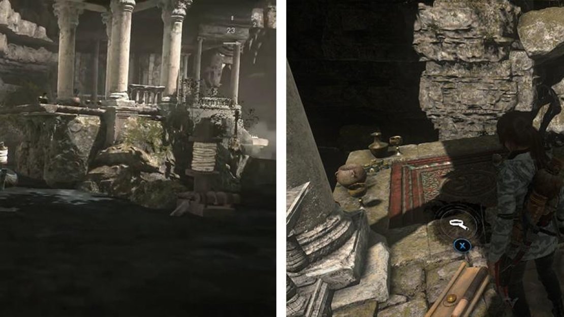 The first boat is found behind the central island (left). Upon reaching the island you’ll find Document 15 (right).