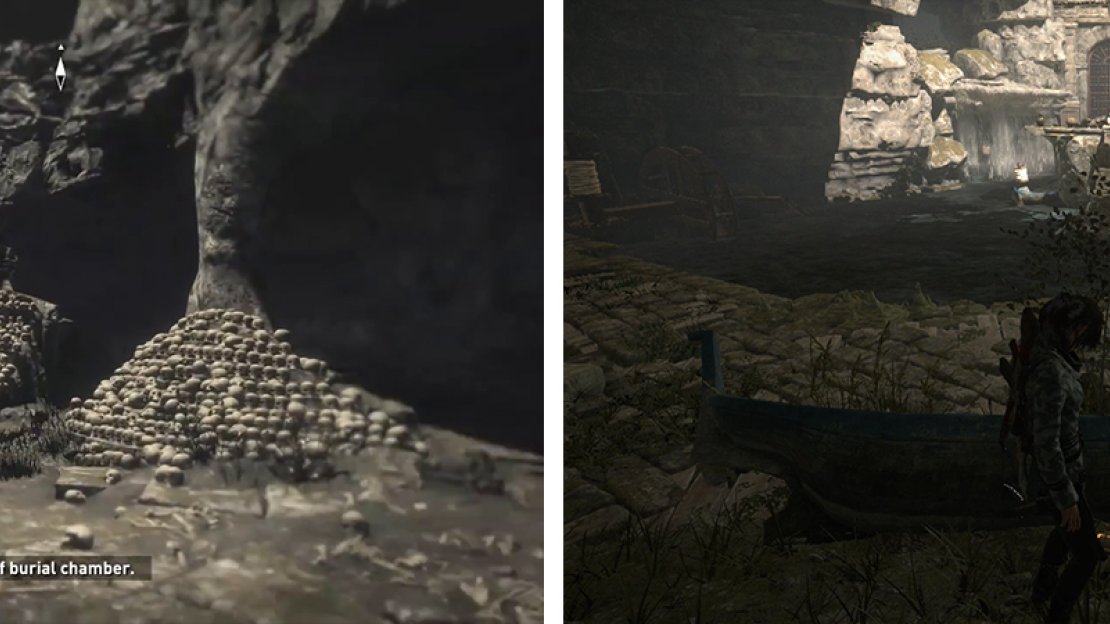 In the room with the skull pillars (left) is Relic 06. As you reach the puzzle room, Document 14 can be found by an overturned boat (right).