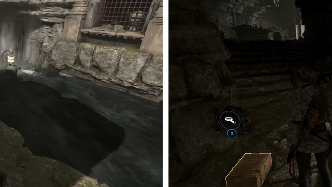 The second boat can be found behind the waterfall (left). In the room with the Codex, there are other collectibles including Relic 07 (right)