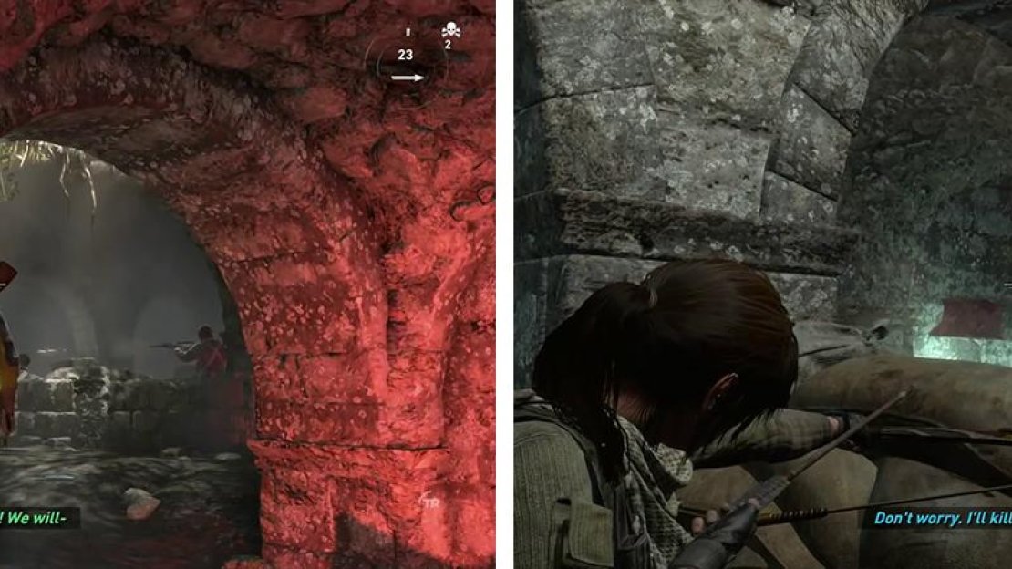 Eliminate the group of enemies at the end of the hallway (left). After dropping through the floor, you’ll need to deal with another pair below (right).